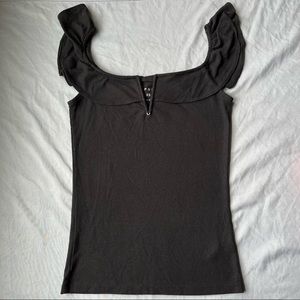 BLACK HALTER TOP WITH RUFFLED STRAPS